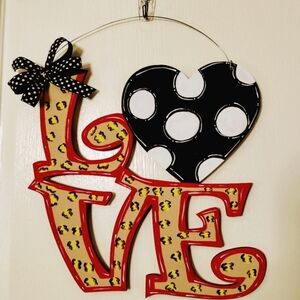 Handmade Painted Valentine's LOVE leopard print and polka dot wood door hanger